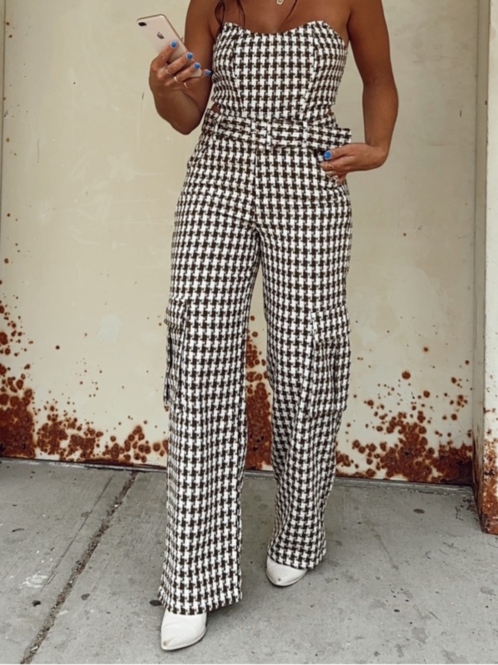 Blue Blush Strapless Corset + High Waisted Houndstooth Pants
